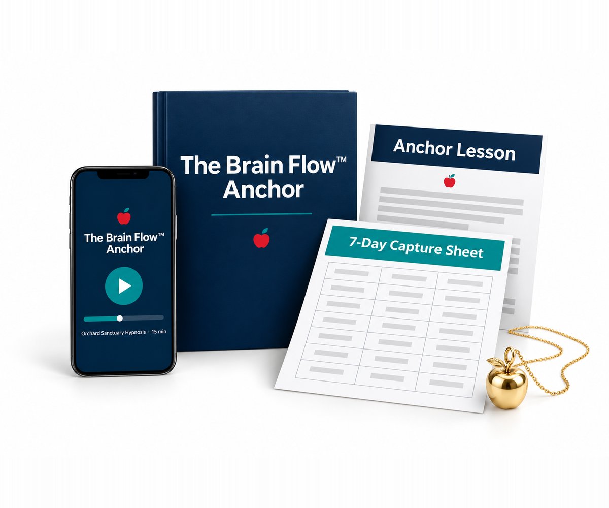 The Brain Flow Anchor: the Orchard Sanctuary Hypnosis audio on a phone, the 7-Day Capture Sheet and the pendant guide